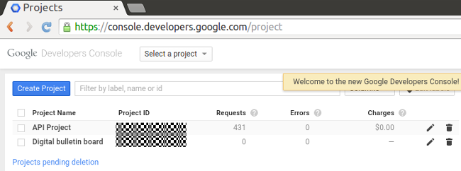 The Google Developers console. The Google Developers console.