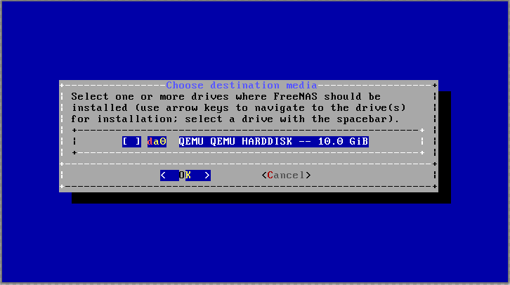 Select the FreeNAS disk. Select the FreeNAS disk